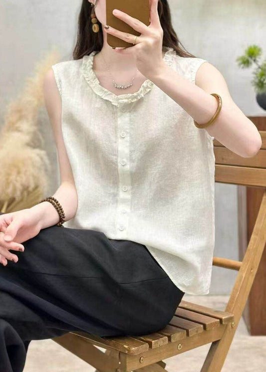 Fashion Yellow Ruffled Button Patchwork Linen Top Sleeveless