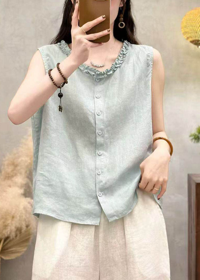 Fashion Yellow Ruffled Button Patchwork Linen Top Sleeveless