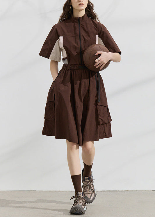 Fashion Zip Up Patchwork Tops And Skirts Cotton Two Pieces Set Summer