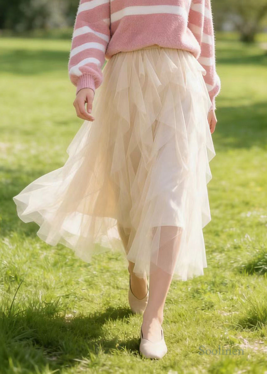 Fine Apricot Ruffles Elastic Waist Tulle Skirts Spring