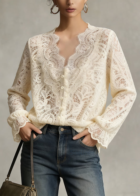 Fine Apricot V Neck Hollow Out Lace Shirt Top Summer