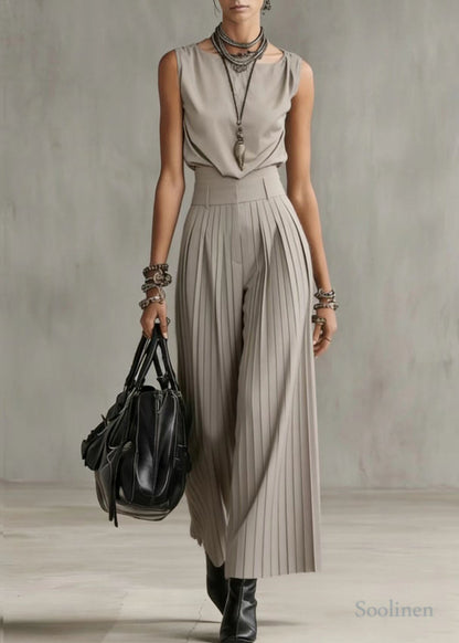 Fine Beige Silm Fit Wrinkled Cotton Two Piece Suit Set Sleeveless