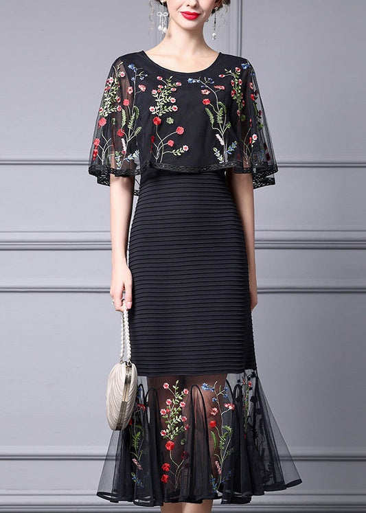Fine Black Cape Style Dresses Multicolor Floral Embroidered Summer