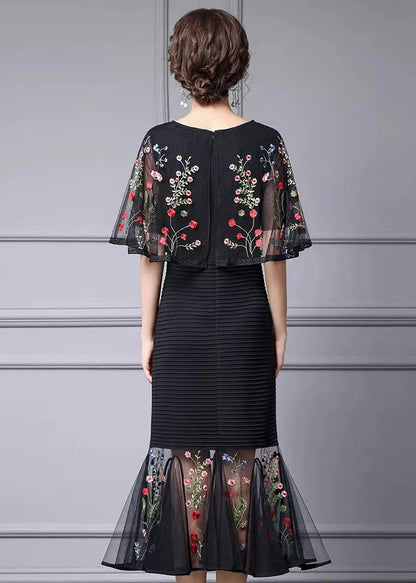 Fine Black Cape Style Dresses Multicolor Floral Embroidered Summer