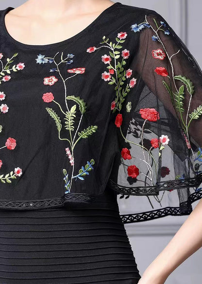 Fine Black Cape Style Dresses Multicolor Floral Embroidered Summer