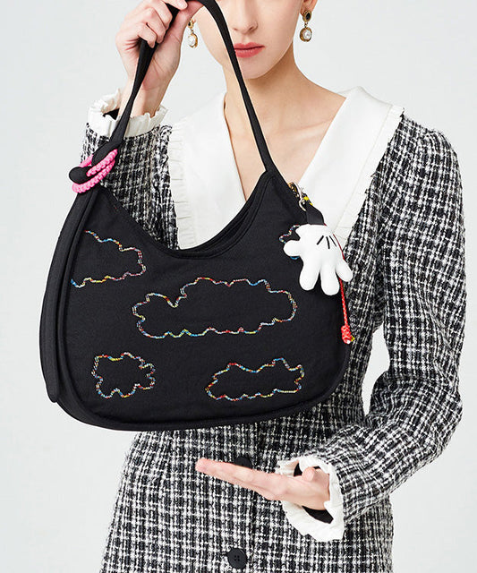 Fine Black Embroidered Pendant Decorated Cotton Hobo Bag