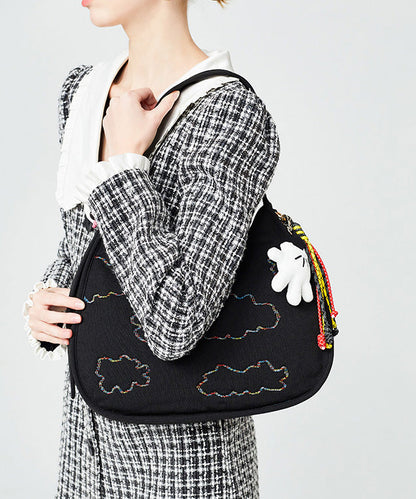 Fine Black Embroidered Pendant Decorated Cotton Hobo Bag