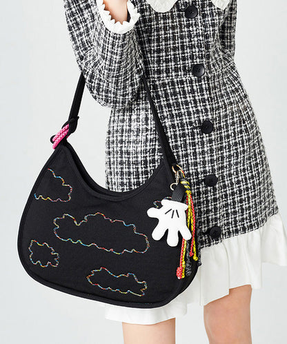 Fine Black Embroidered Pendant Decorated Cotton Hobo Bag