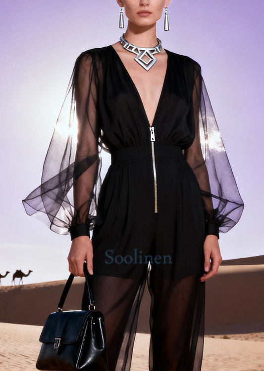 Fine Black V Neck Patchwork Tulle Jumpsuit Spring