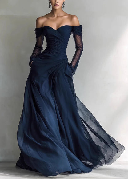 Fine Blue Cold Shoulder Patchwork Tulle Party Dress Summer