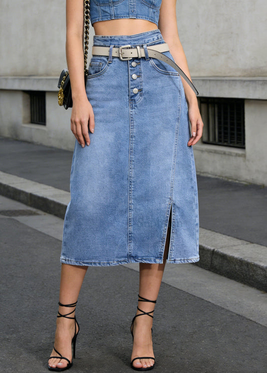 Fine Blue High Waist Side Open Denim Skirt Summer