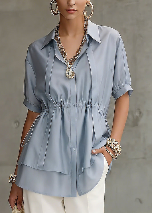 Fine Blue Peter Pan Collar Drawstring Silk Cotton Shirts Short Sleeve