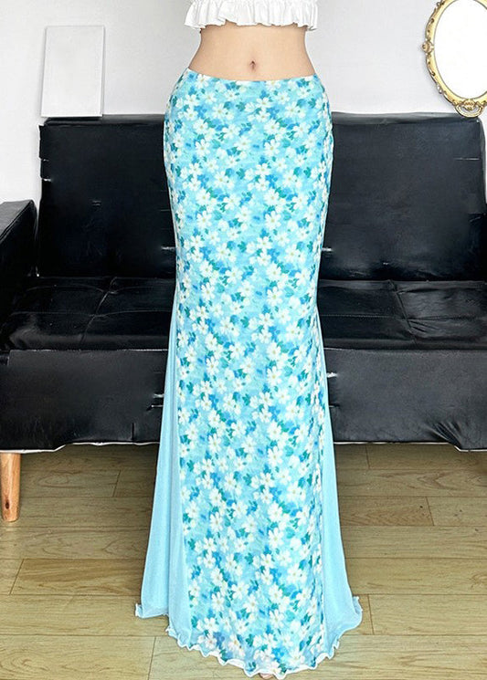 Fine Blue Tulle Patchwork High Waist Maxi Skirt Summer