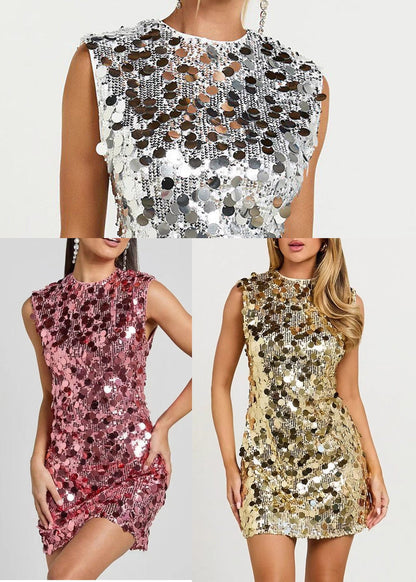 Fine Champagne Sequins Wraped Mini Dresses Sleeveless