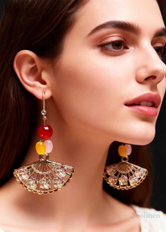 Fine Fan-shaped Multicolored Beads Long Drop Earrings