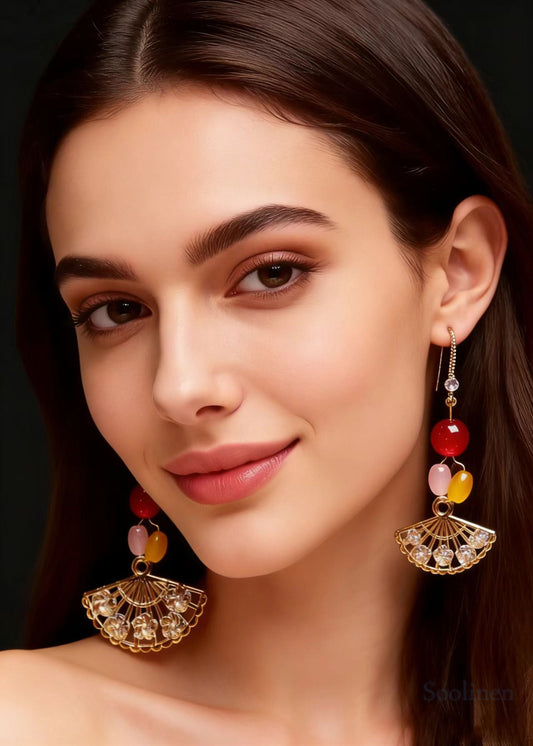 Fine Fan-shaped Multicolored Beads Long Drop Earrings