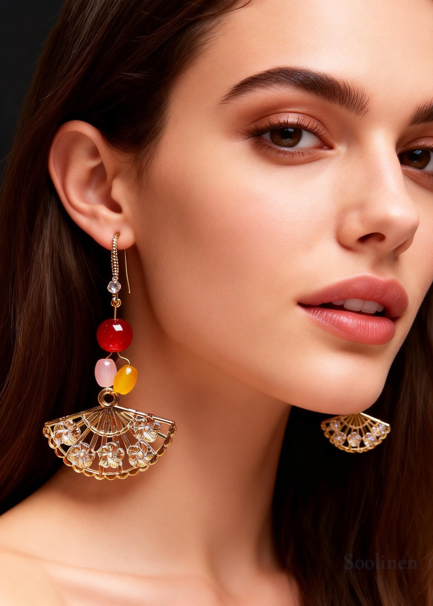 Fine Fan-shaped Multicolored Beads Long Drop Earrings