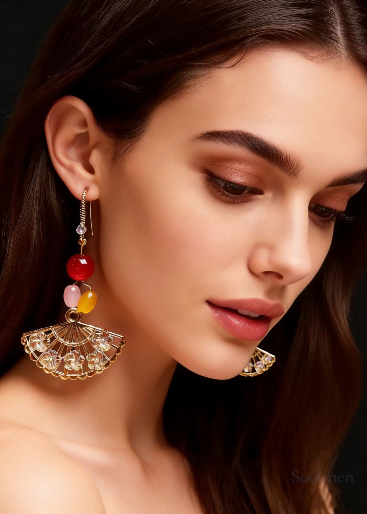 Fine Fan-shaped Multicolored Beads Long Drop Earrings