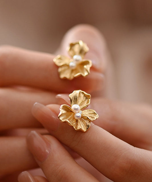 Fine Gold Floral Pearl 14K Gold Stud Earrings