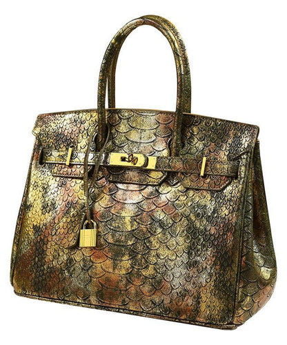 Fine Golden Serpentine Jacquard Leather Tote Handbag