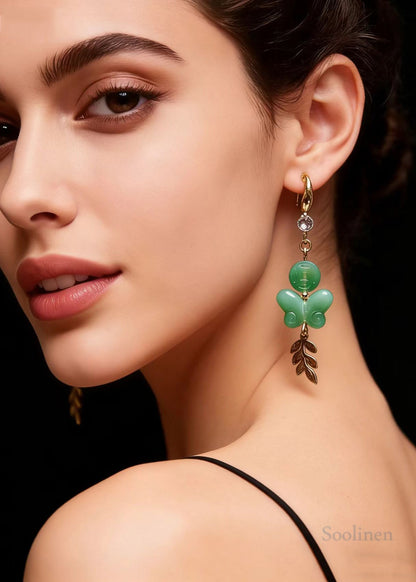 Fine Green Butterfly Jade Zircon Drop Earrings
