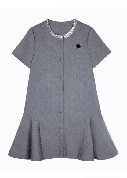 Fine Grey O-Neck Butto Vacation Mid Dress Short Sleeve