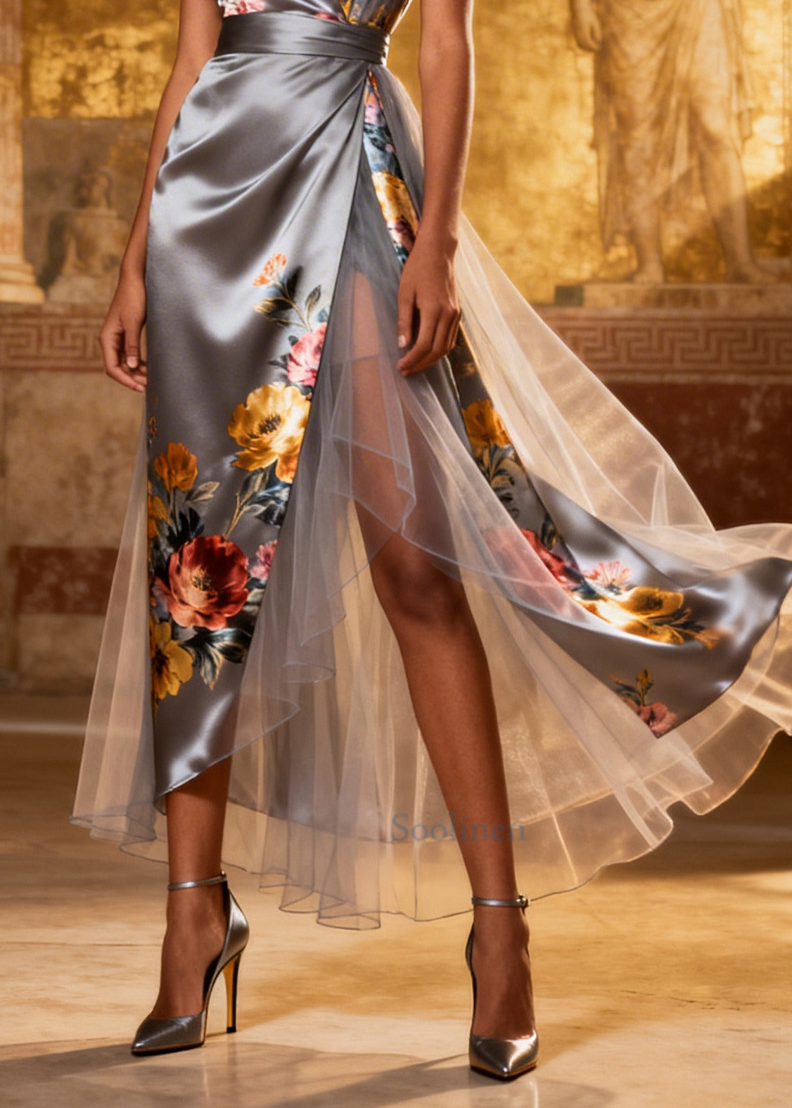 Fine Grey Print Patchwork Side Open Silk Holiday Dress Summer