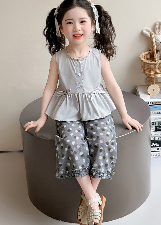 Fine Grey Ruffled Print Cotton Baby Girls Two Pieces Set Summer