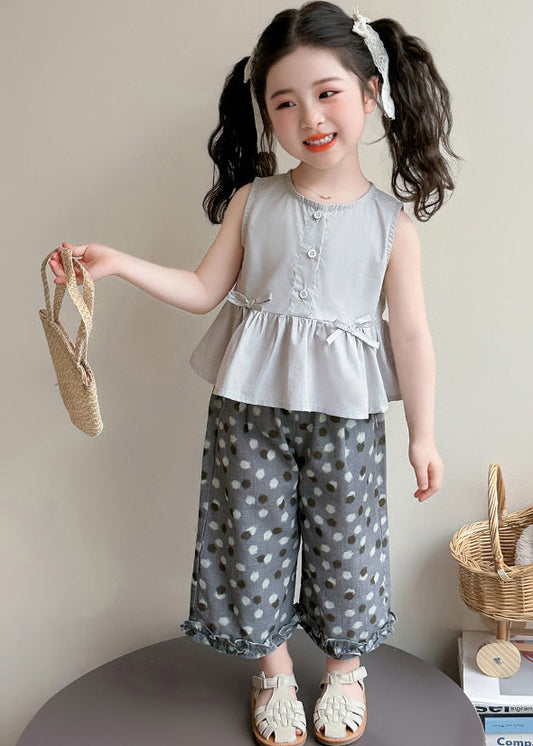 Fine Grey Ruffled Print Cotton Baby Girls Two Pieces Set Summer