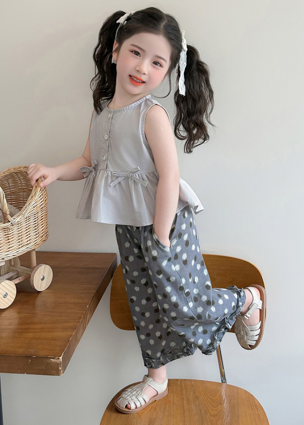 Fine Grey Ruffled Print Cotton Baby Girls Two Pieces Set Summer