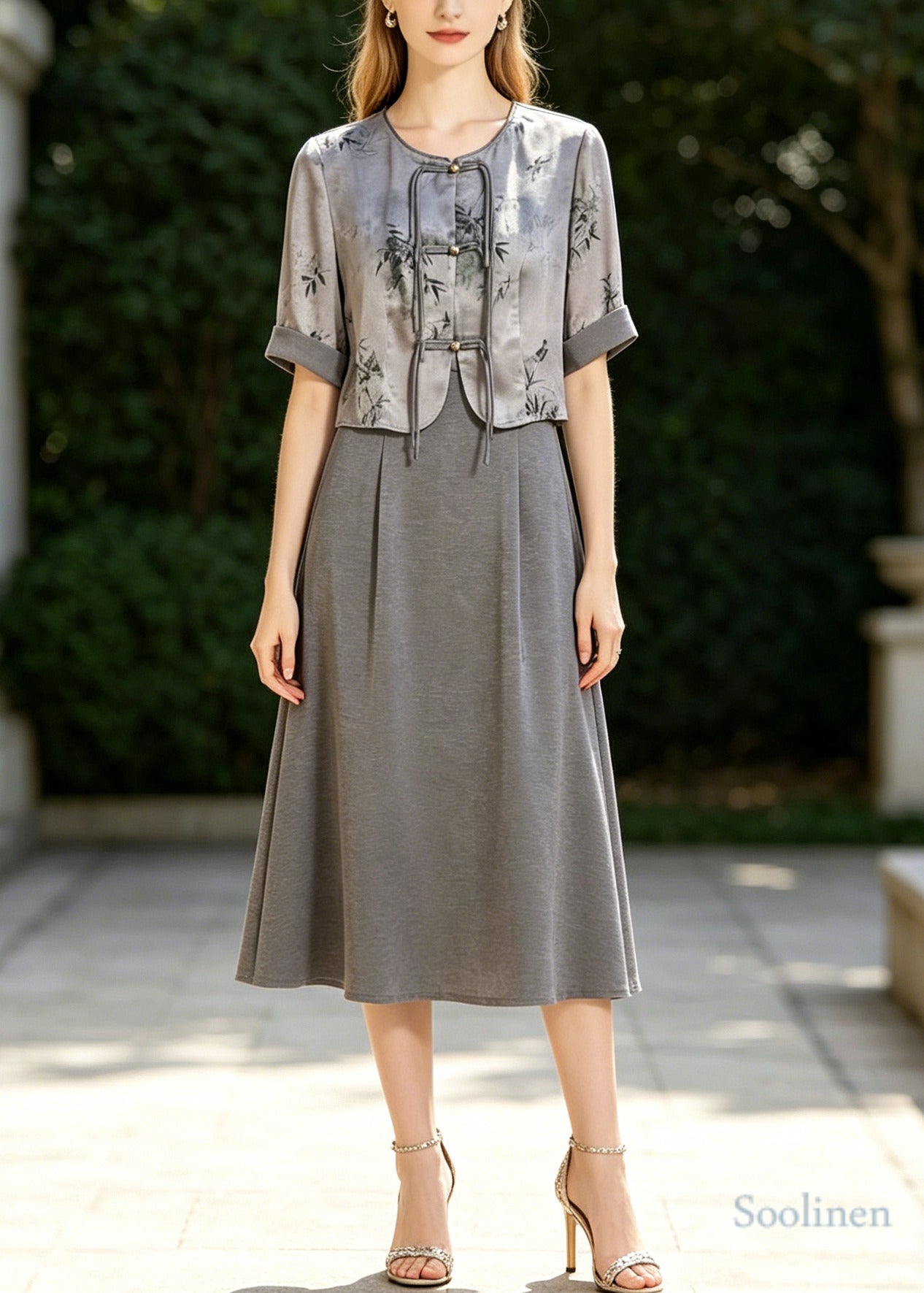Fine Grey Tasseled Print Silk Oriental Dresses Two Piece Set Summer