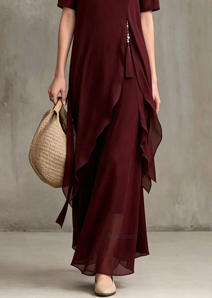 Fine Mulberry Stand Collar Asymmetrical Patchwork Chiffon Dress Summer