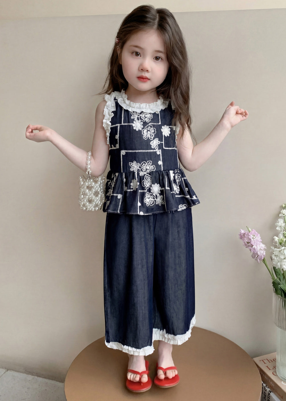 Fine Navy Ruffled Embroidery Cotton Kids Girls Two Piece Set Clothing Summer
