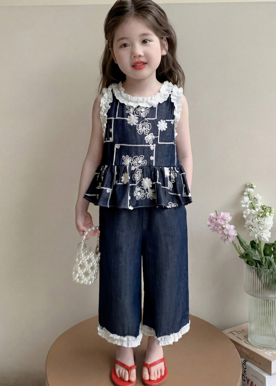 Fine Navy Ruffled Embroidery Cotton Kids Girls Two Piece Set Clothing Summer