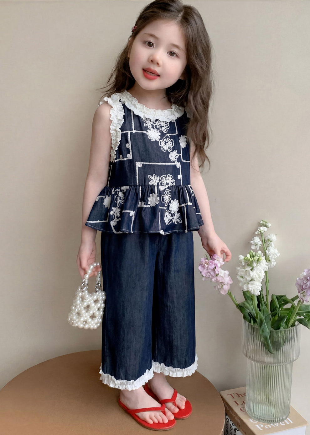 Fine Navy Ruffled Embroidery Cotton Kids Girls Two Piece Set Clothing Summer