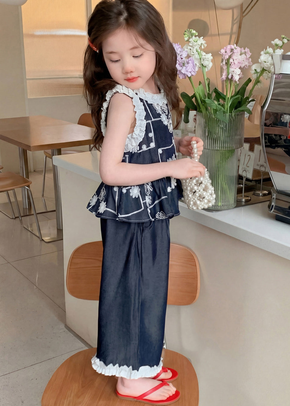 Fine Navy Ruffled Embroidery Cotton Kids Girls Two Piece Set Clothing Summer