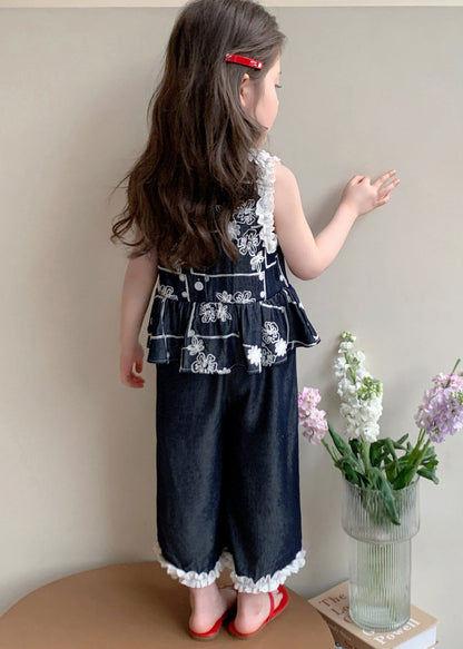 Fine Navy Ruffled Embroidery Cotton Kids Girls Two Piece Set Clothing Summer