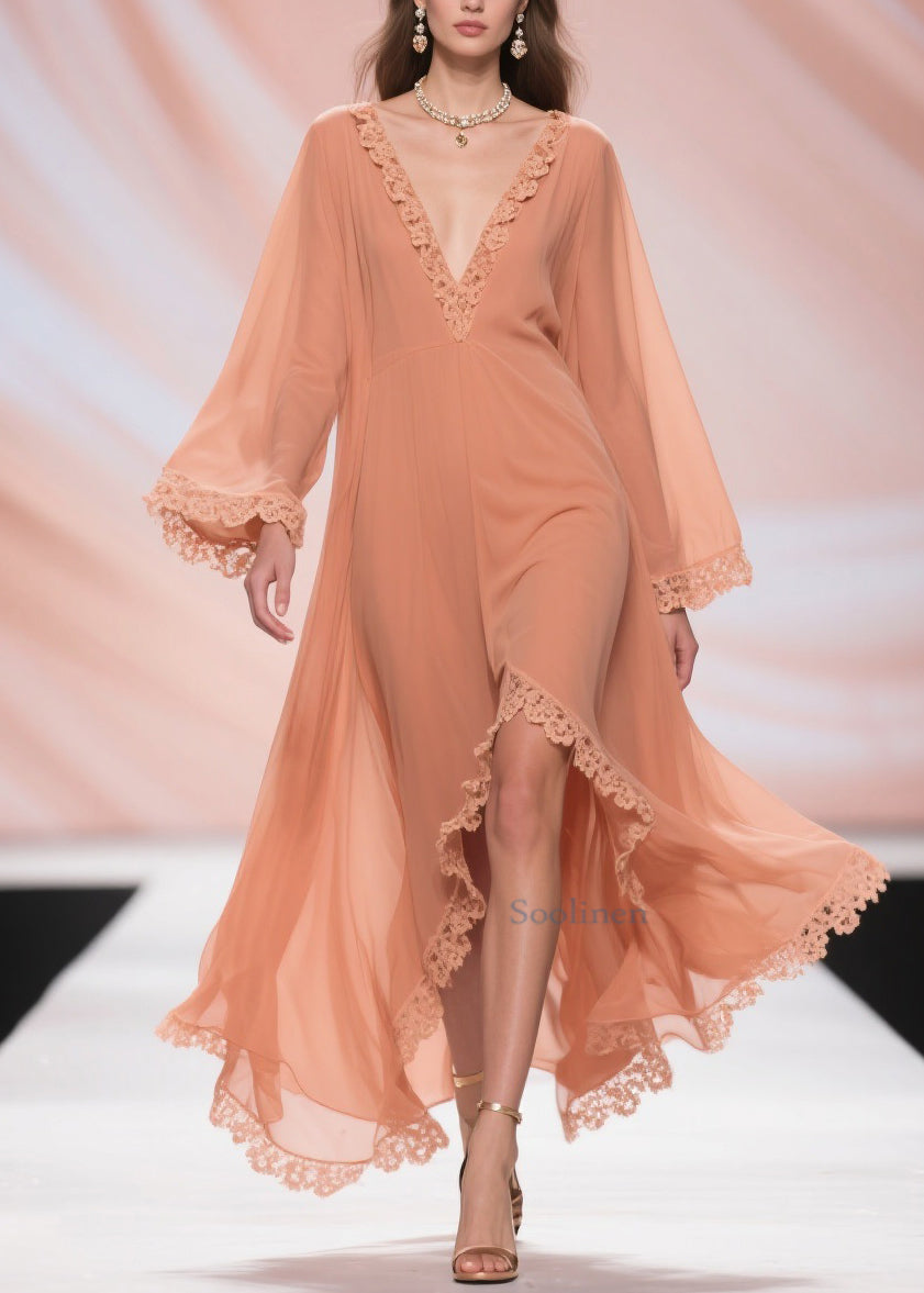 Fine Orange Lace Side Open Solid Chiffon Long Dresses