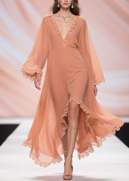 Fine Orange Lace Side Open Solid Chiffon Long Dresses