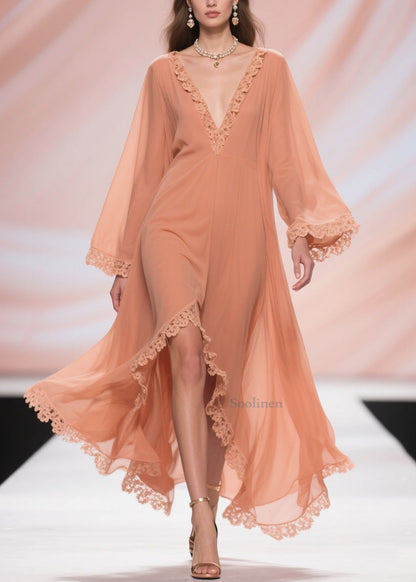 Fine Orange Lace Side Open Solid Chiffon Long Dresses