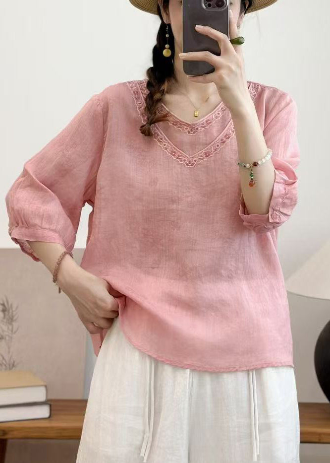 Fine Pink Double-layer Embroidered Linen Tops Summer