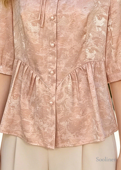 Fine Pink Mandarin Collar Jacquard Silk Top Summer