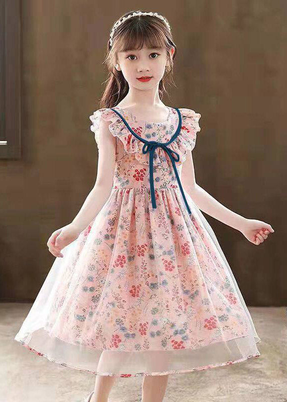 Fine Pink O-Neck Print Tulle Girls Maxi Dresses Summer