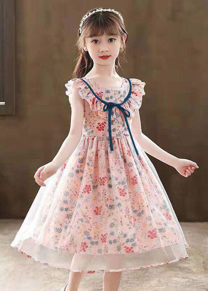 Fine Pink O-Neck Print Tulle Girls Maxi Dresses Summer