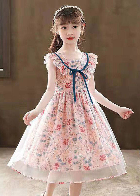 Fine Pink O-Neck Print Tulle Girls Maxi Dresses Summer