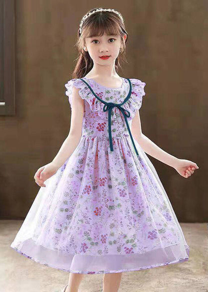 Fine Pink O-Neck Print Tulle Girls Maxi Dresses Summer