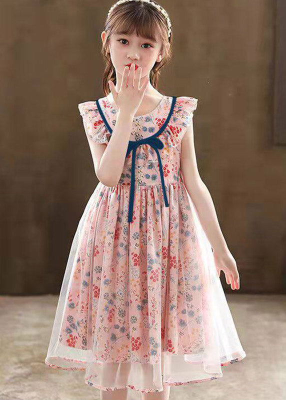 Fine Pink O-Neck Print Tulle Girls Maxi Dresses Summer