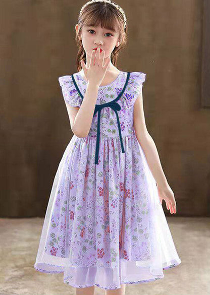 Fine Pink O-Neck Print Tulle Girls Maxi Dresses Summer
