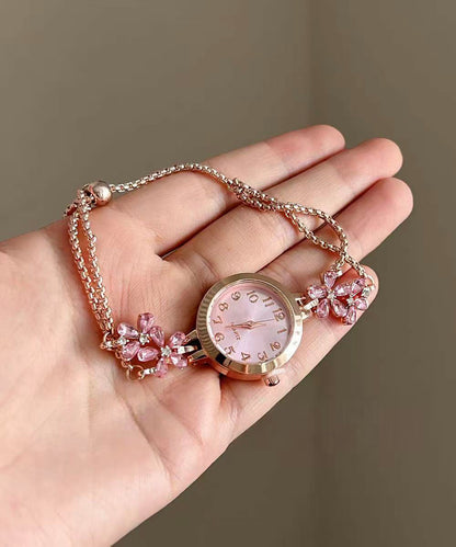 Fine Pink Stainless Steel Zircon Floral Retractable Watches