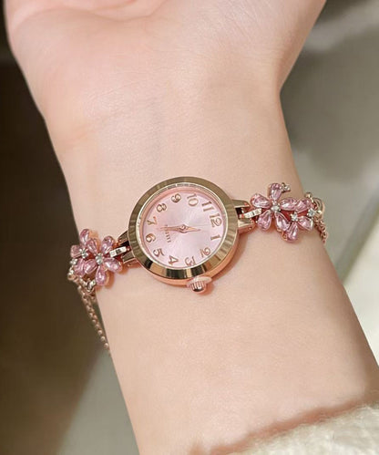 Fine Pink Stainless Steel Zircon Floral Retractable Watches